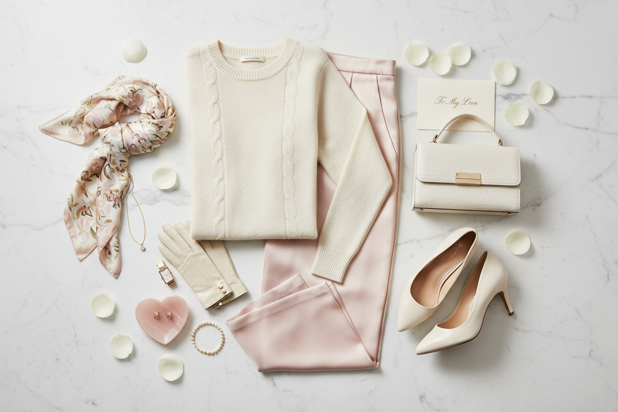 Elegant Valentine's Day outfit flat lay